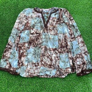 Drama Women’s Boho Festival top brown blue tie-dye blouse with crochet trim (M)